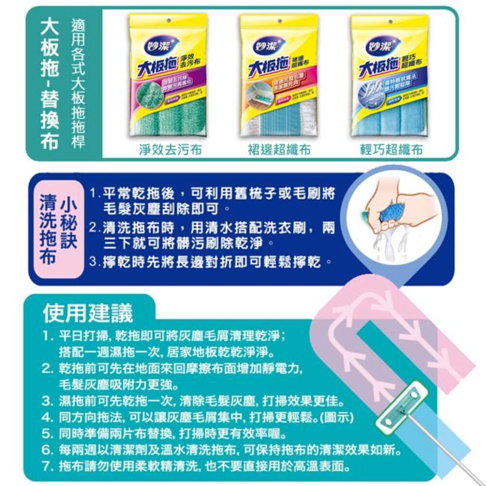 妙潔 大板拖輕巧超纖布拖把(1桿2布)-細節圖11