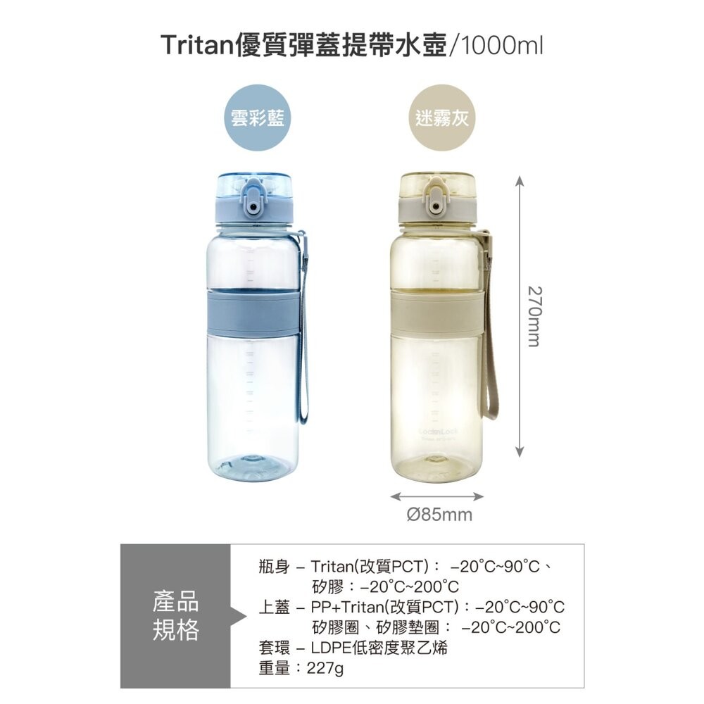 樂扣樂扣Tritan優質彈蓋提帶水壺1000ml/迷霧灰/雲彩藍-細節圖5