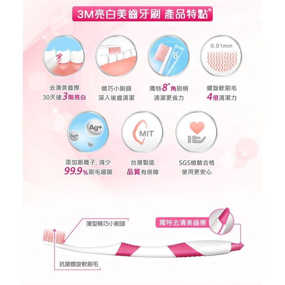 3M 亮白美齒牙刷(1入)： 藍色 / 粉紅 潔牙美齒 網紅最愛 SGS檢驗合格，無塑化劑、不含多環芳香烴-細節圖3