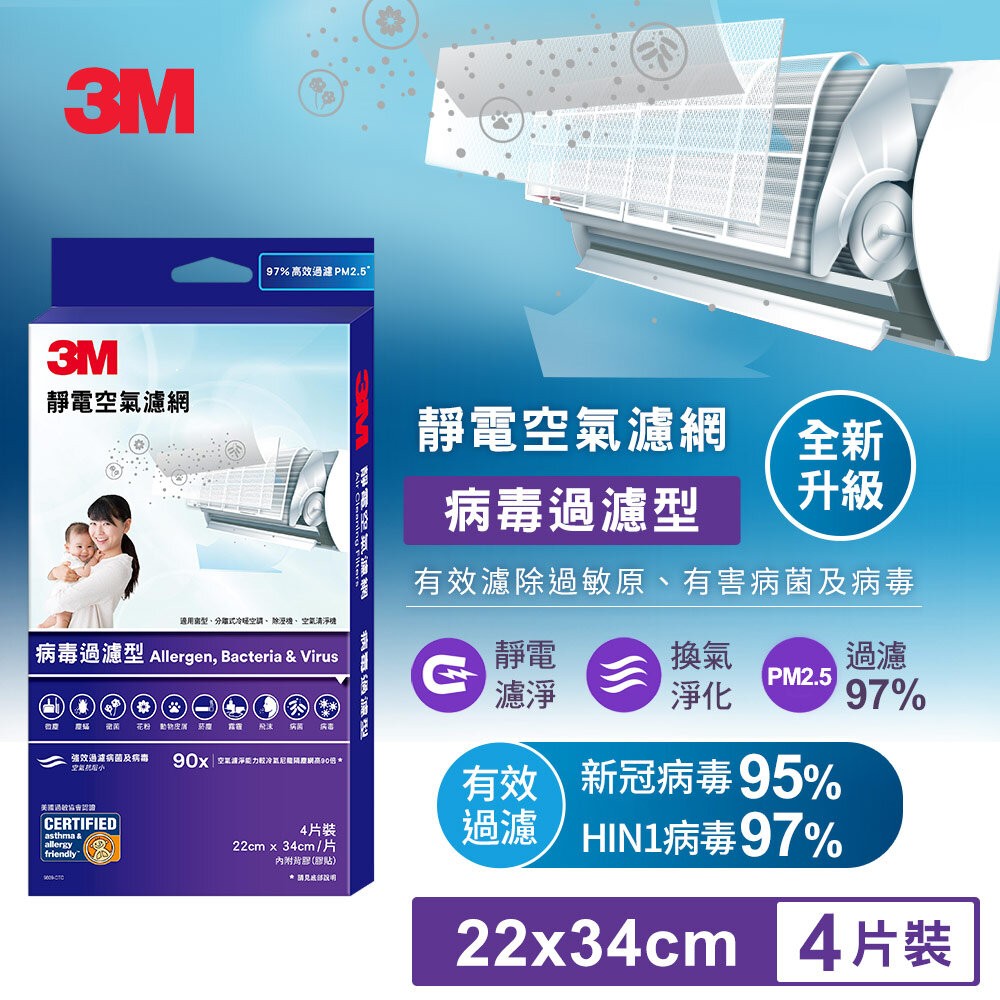 3M 靜電空氣濾網/冷氣濾網4片裝：綠 濾塵/紅 濾敏原/紫 病毒過濾(適用空調/清淨機/除濕機)-規格圖11