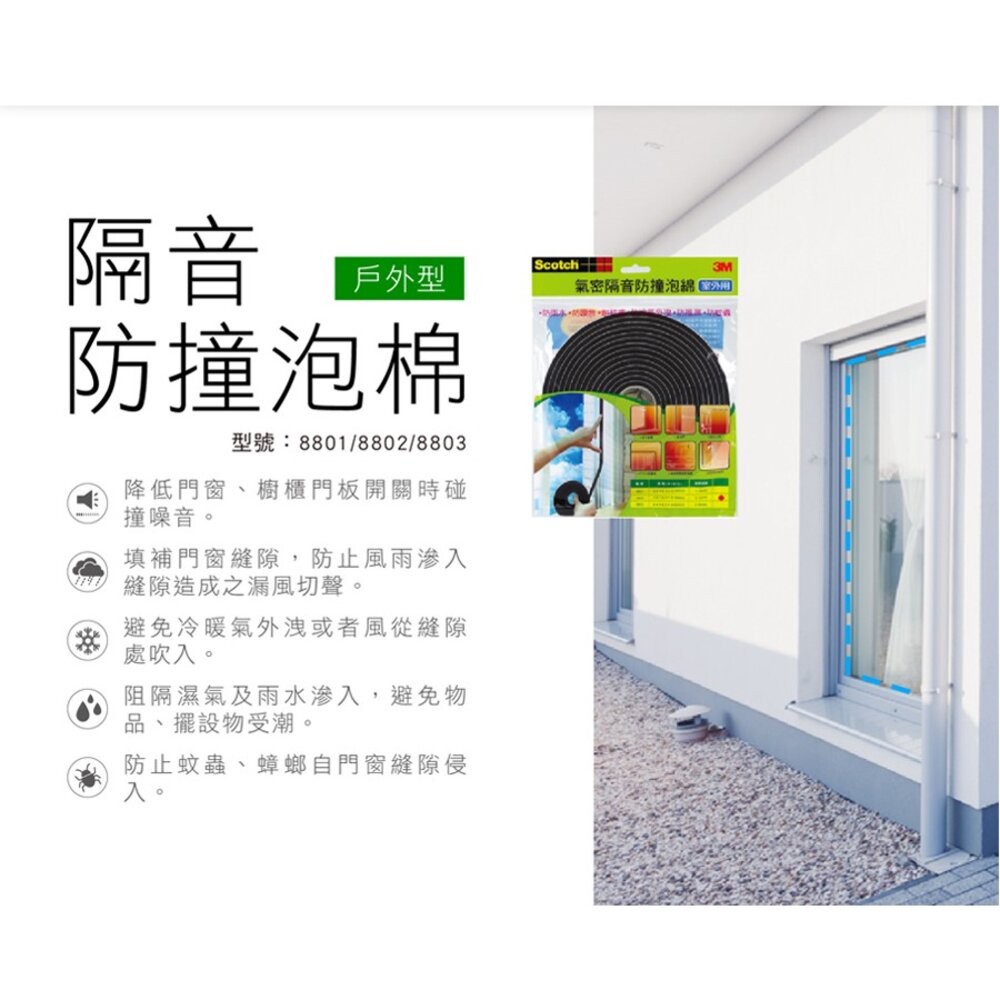 3M 室外用氣密隔音防撞泡棉： 8801(1-3mm)/8802(3-5mm)/8803(4-6mm) 門窗密封-細節圖3