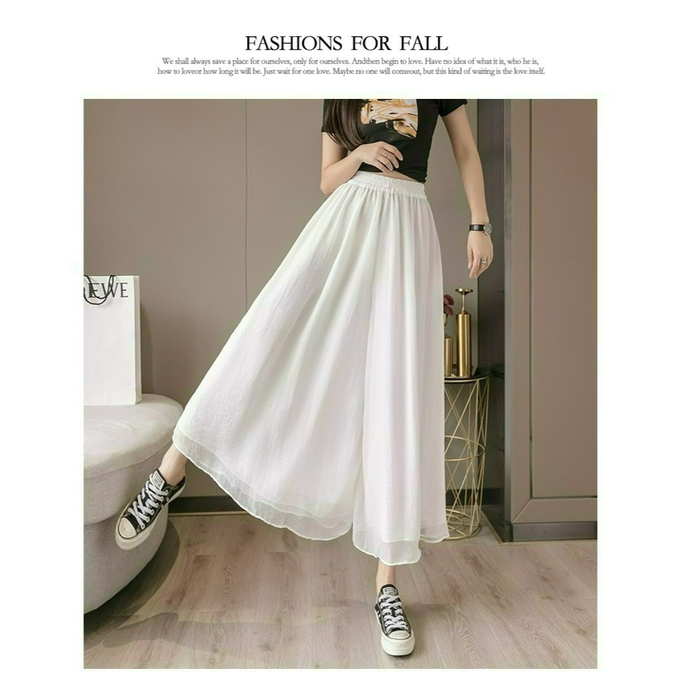 ✨台灣現貨✨大尺碼雙層雪紡闊腿褲｜飄逸垂感高腰仙女褲｜鬆緊腰九分褲裙｜二色（黑/白）-細節圖4