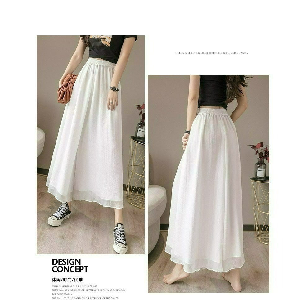 ✨台灣現貨✨大尺碼雙層雪紡闊腿褲｜飄逸垂感高腰仙女褲｜鬆緊腰九分褲裙｜二色（黑/白）-細節圖6