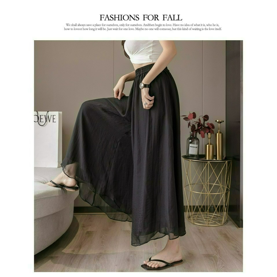 ✨台灣現貨✨大尺碼雙層雪紡闊腿褲｜飄逸垂感高腰仙女褲｜鬆緊腰九分褲裙｜二色（黑/白）-細節圖7