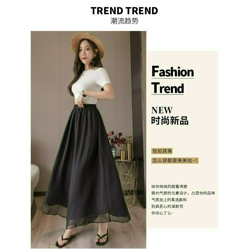 ✨台灣現貨✨大尺碼雙層雪紡闊腿褲｜飄逸垂感高腰仙女褲｜鬆緊腰九分褲裙｜二色（黑/白）-細節圖8