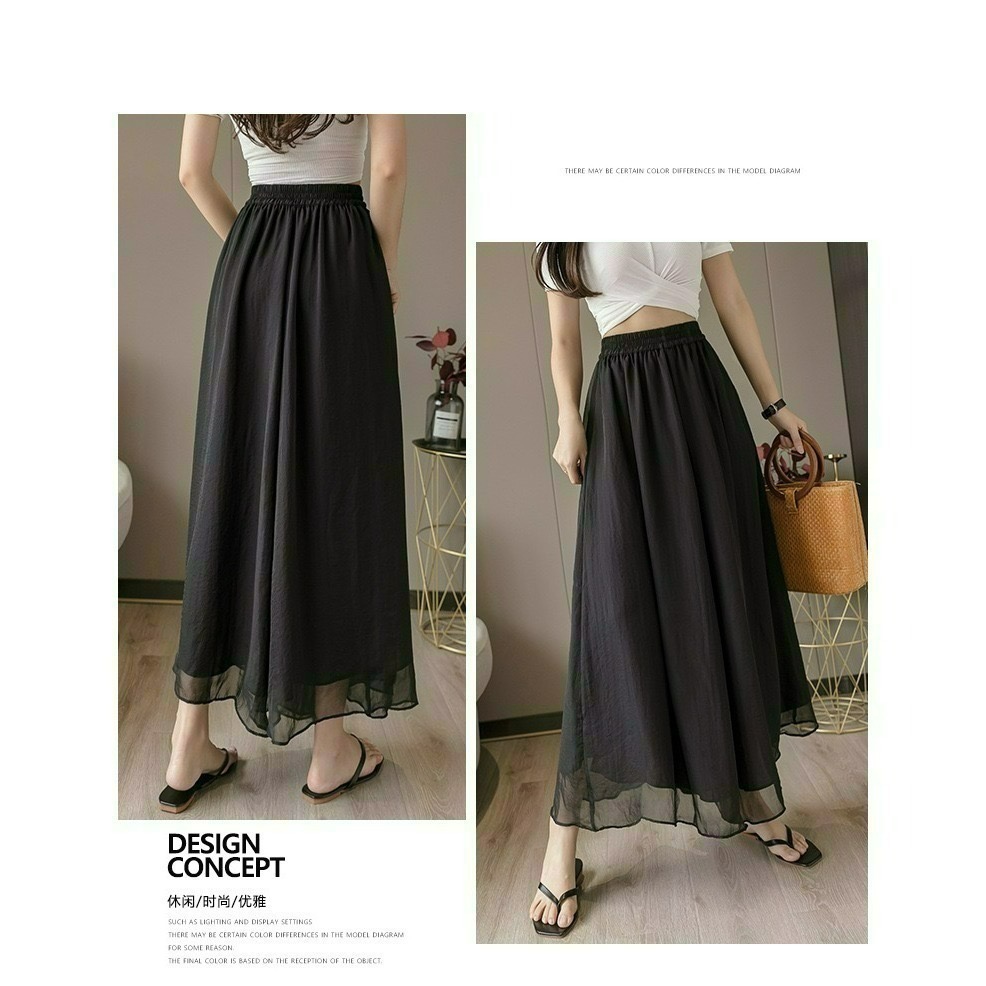 ✨台灣現貨✨大尺碼雙層雪紡闊腿褲｜飄逸垂感高腰仙女褲｜鬆緊腰九分褲裙｜二色（黑/白）-細節圖9