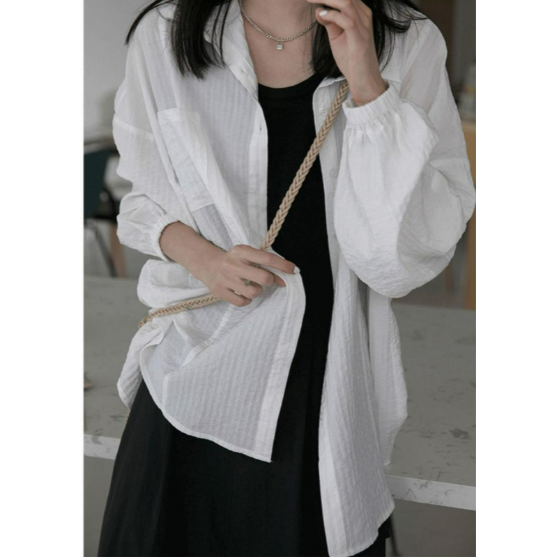 ✨台灣現貨✨ 韓版寬鬆百搭防曬開衫｜輕薄棉麻材質泡泡袖外套｜清新長袖上衣｜三色（白/粉/淺綠）-細節圖4
