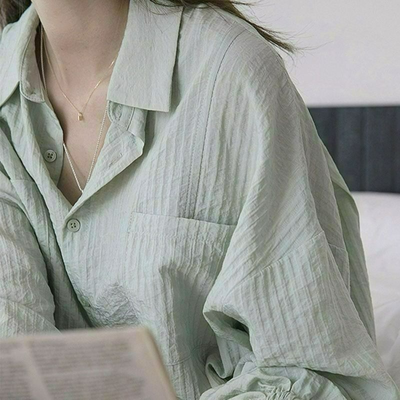 ✨台灣現貨✨ 韓版寬鬆百搭防曬開衫｜輕薄棉麻材質泡泡袖外套｜清新長袖上衣｜三色（白/粉/淺綠）-細節圖5