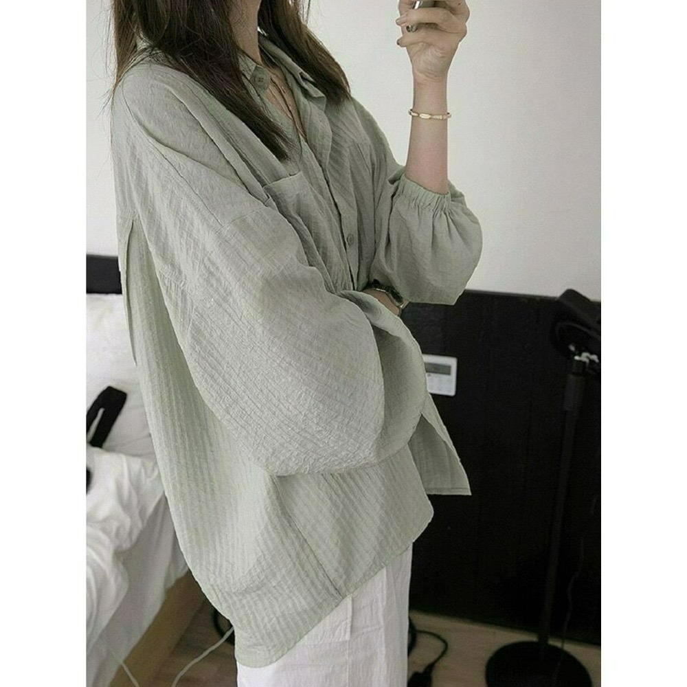 ✨台灣現貨✨ 韓版寬鬆百搭防曬開衫｜輕薄棉麻材質泡泡袖外套｜清新長袖上衣｜三色（白/粉/淺綠）-細節圖6