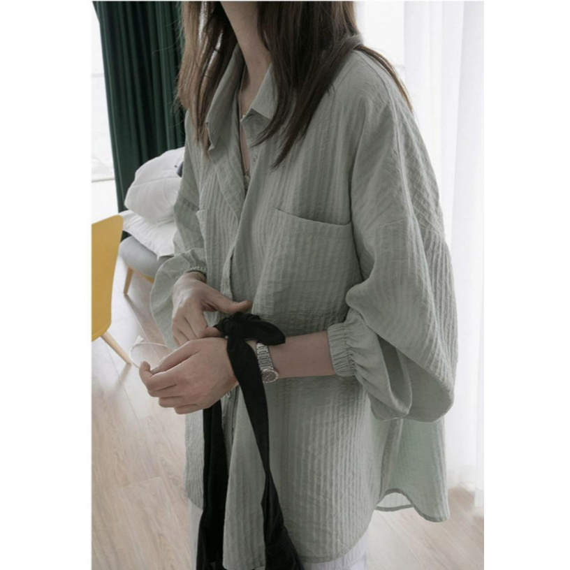 ✨台灣現貨✨ 韓版寬鬆百搭防曬開衫｜輕薄棉麻材質泡泡袖外套｜清新長袖上衣｜三色（白/粉/淺綠）-規格圖6