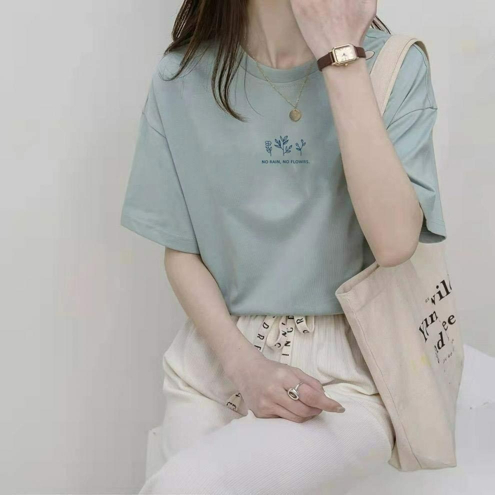 ✨台灣現貨✨ 韓版植物印花圓領T恤｜簡約百搭學生休閒上衣｜五色（白/杏/卡其/藍綠/黑）-規格圖5