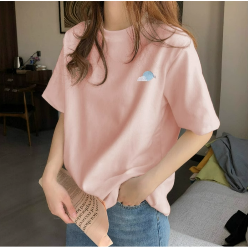 ✨台灣現貨✨ 簡約清新T恤｜設計感刺繡潮牌女裝｜小眾慵懶風涼爽短袖｜三色（白/粉/藍）-細節圖3