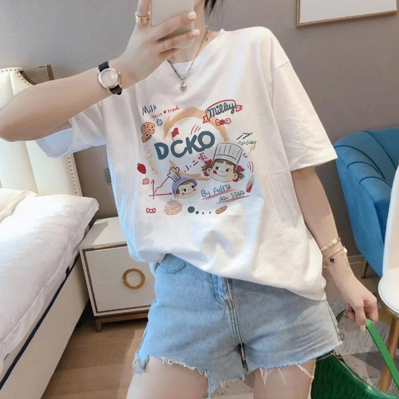 ✨台灣現貨✨ 100%純棉美式復古短袖｜卡通可愛Peko風T恤｜百搭正肩慵懶風｜單色（白）-細節圖2