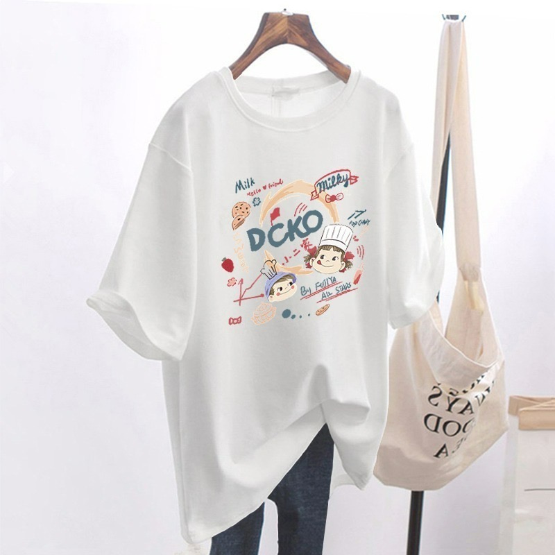 ✨台灣現貨✨ 100%純棉美式復古短袖｜卡通可愛Peko風T恤｜百搭正肩慵懶風｜單色（白）-細節圖3