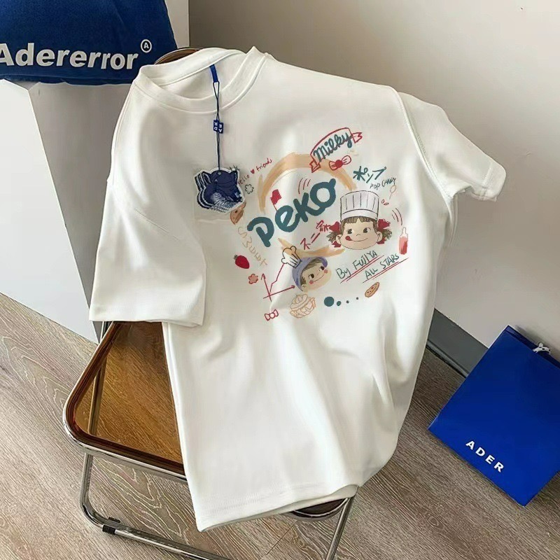 ✨台灣現貨✨ 100%純棉美式復古短袖｜卡通可愛Peko風T恤｜百搭正肩慵懶風｜單色（白）-細節圖4