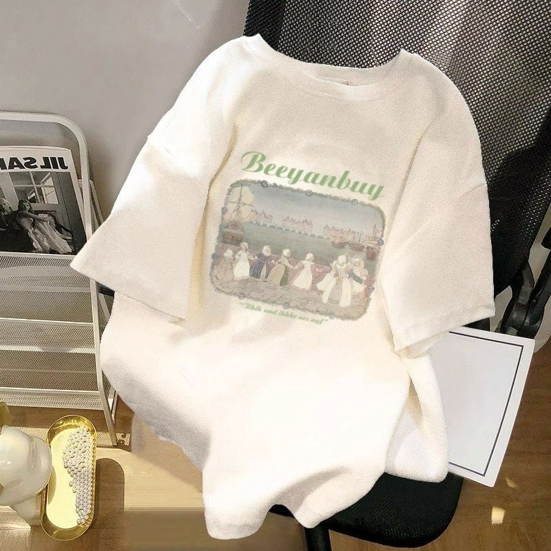 ✨台灣現貨✨100%純棉古典華爾滋短袖｜可愛油畫風T恤｜百搭白色正肩慵懶風｜二色（白/奶黃）-細節圖3