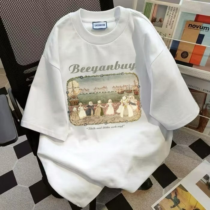 ✨台灣現貨✨100%純棉古典華爾滋短袖｜可愛油畫風T恤｜百搭白色正肩慵懶風｜二色（白/奶黃）-細節圖5