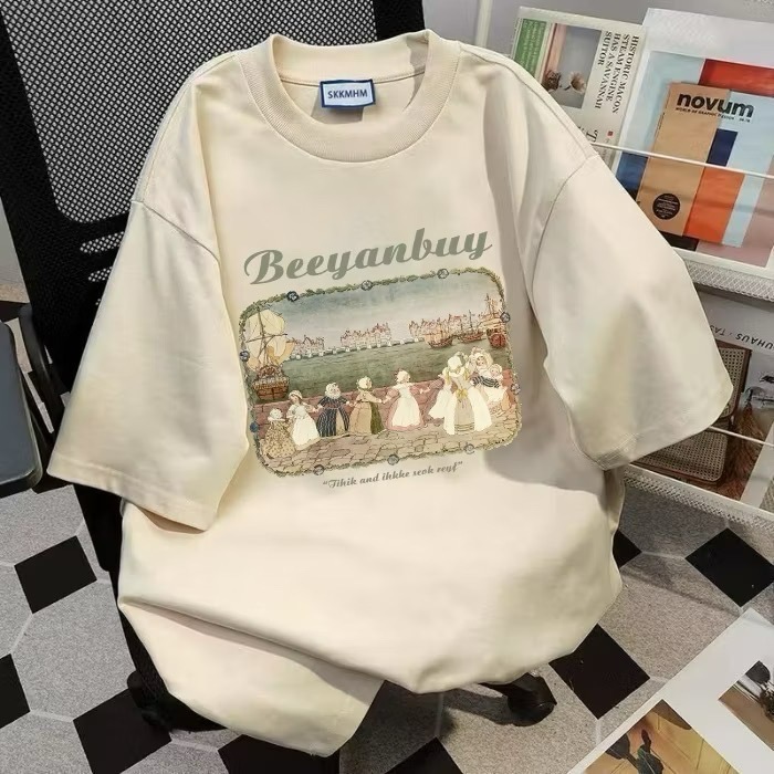 ✨台灣現貨✨100%純棉古典華爾滋短袖｜可愛油畫風T恤｜百搭白色正肩慵懶風｜二色（白/奶黃）-細節圖6