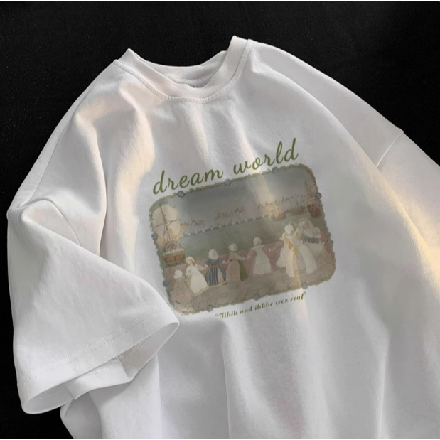 ✨台灣現貨✨100%純棉古典華爾滋短袖｜可愛油畫風T恤｜百搭白色正肩慵懶風｜二色（白/奶黃）-細節圖7