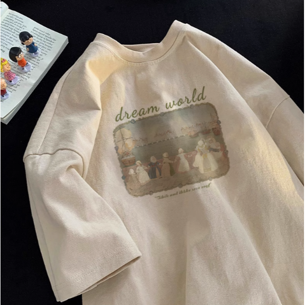 ✨台灣現貨✨100%純棉古典華爾滋短袖｜可愛油畫風T恤｜百搭白色正肩慵懶風｜二色（白/奶黃）-細節圖8