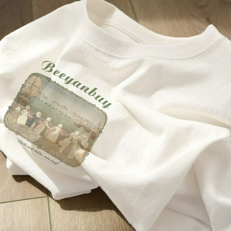 ✨台灣現貨✨100%純棉古典華爾滋短袖｜可愛油畫風T恤｜百搭白色正肩慵懶風｜二色（白/奶黃）-細節圖9