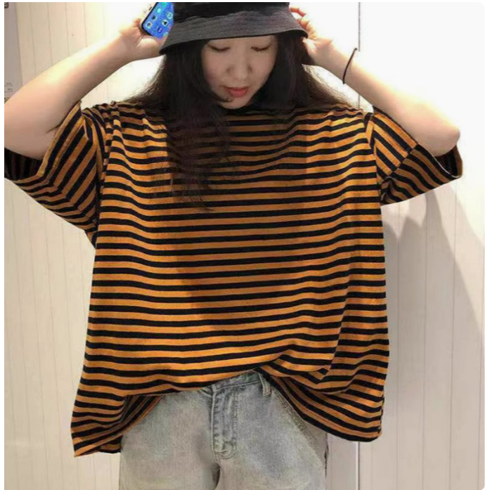 ✨台灣現貨✨韓版條紋短袖T恤｜100%純棉寬鬆顯瘦中長款｜四色（黑灰/黃黑/粉綠/粉藍）-細節圖3