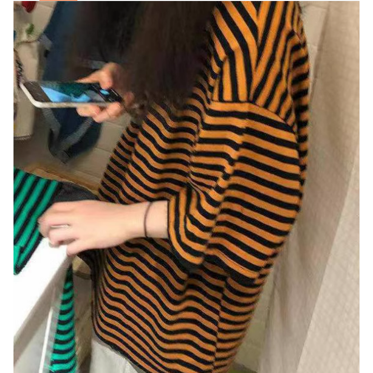 ✨台灣現貨✨韓版條紋短袖T恤｜100%純棉寬鬆顯瘦中長款｜四色（黑灰/黃黑/粉綠/粉藍）-細節圖4