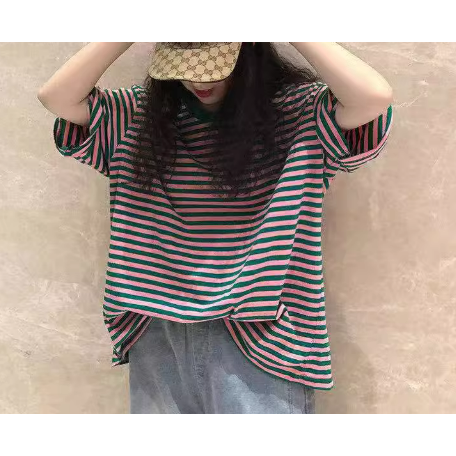 ✨台灣現貨✨韓版條紋短袖T恤｜100%純棉寬鬆顯瘦中長款｜四色（黑灰/黃黑/粉綠/粉藍）-細節圖5