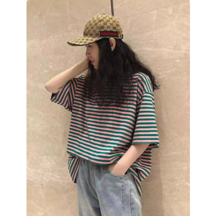 ✨台灣現貨✨韓版條紋短袖T恤｜100%純棉寬鬆顯瘦中長款｜四色（黑灰/黃黑/粉綠/粉藍）-細節圖6