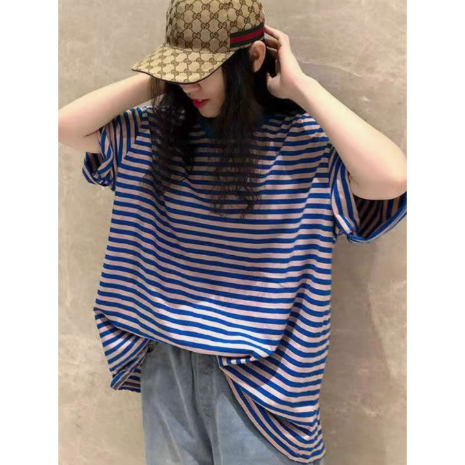 ✨台灣現貨✨韓版條紋短袖T恤｜100%純棉寬鬆顯瘦中長款｜四色（黑灰/黃黑/粉綠/粉藍）-細節圖7