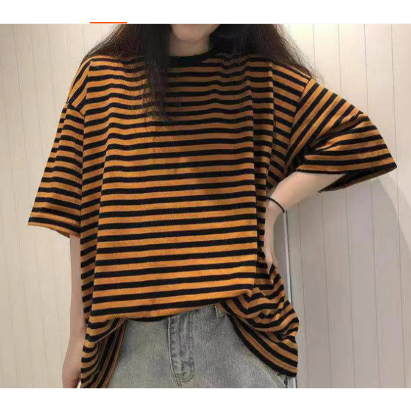 ✨台灣現貨✨韓版條紋短袖T恤｜100%純棉寬鬆顯瘦中長款｜四色（黑灰/黃黑/粉綠/粉藍）-規格圖8