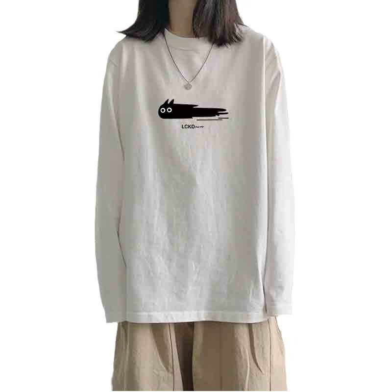 ✨台灣現貨✨純棉白色正肩內搭印花長袖T恤｜造型線條休閒上衣｜四款（線條/黑貓/大眼怪/笑臉）-細節圖2
