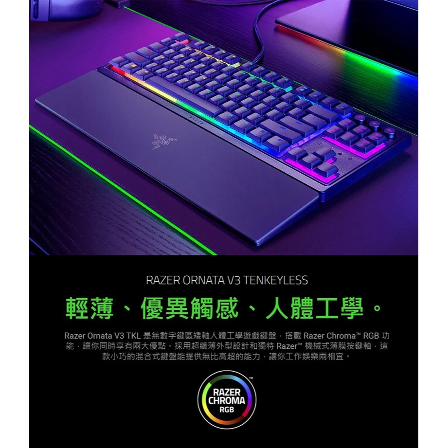 Razer 雷蛇 ORNATA V3  雨林狼蛛鍵盤 機械式按鍵軸 柔軟護腕墊 RGB 燈光 矮軸按鍵-細節圖3