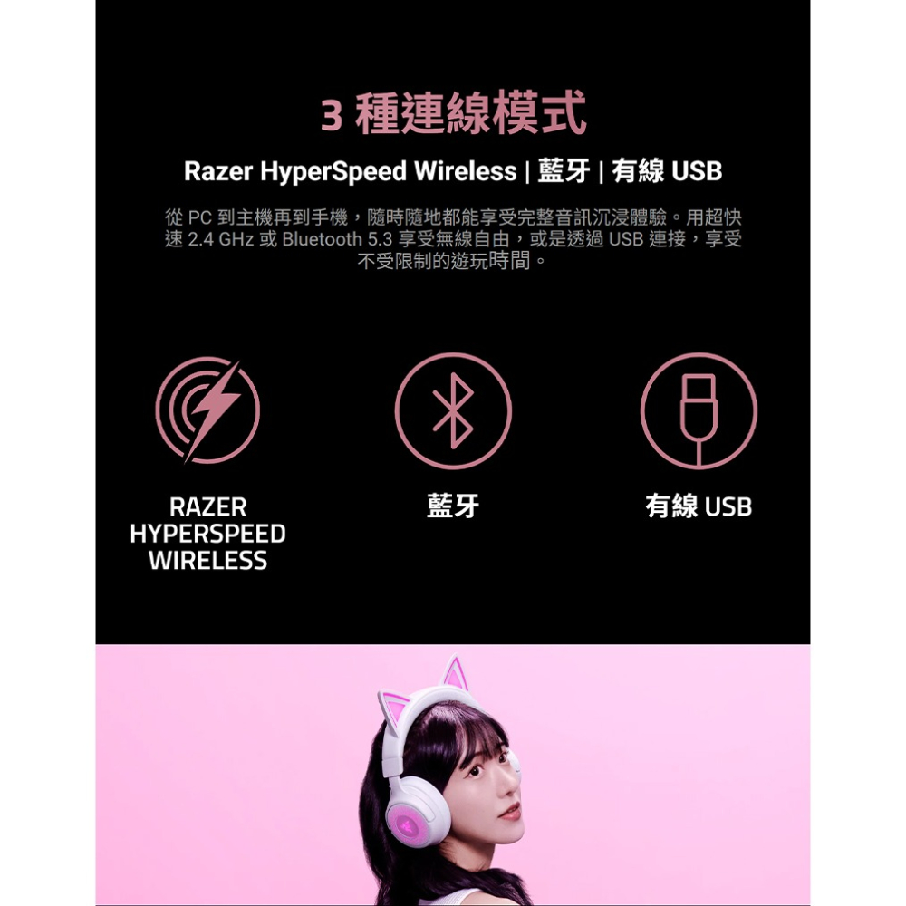 Razer 雷蛇 Kraken Kitty V3 Pro 無線電競耳機 三模連線 伸縮式麥克風 無線耳機 雷蛇耳機-細節圖5