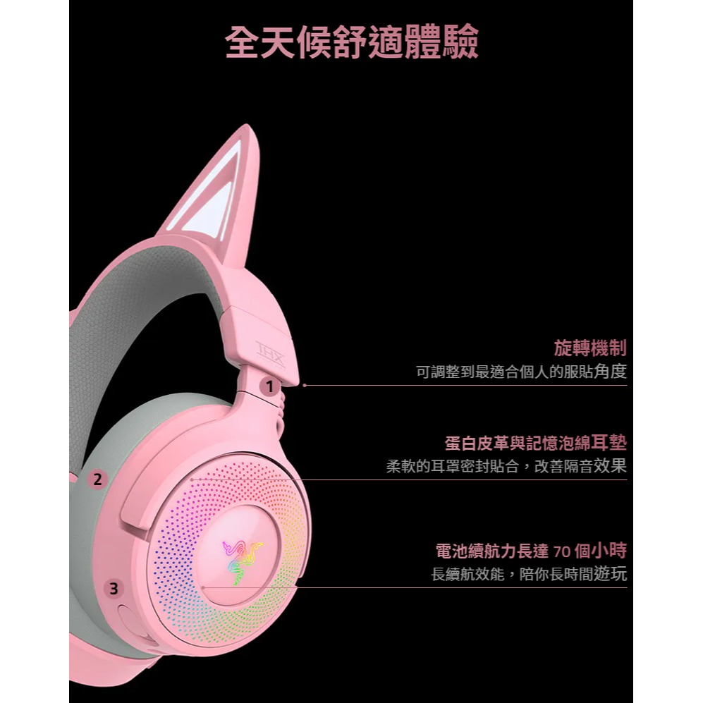 Razer 雷蛇 Kraken Kitty V3 Pro 無線電競耳機 三模連線 伸縮式麥克風 無線耳機 雷蛇耳機-細節圖8