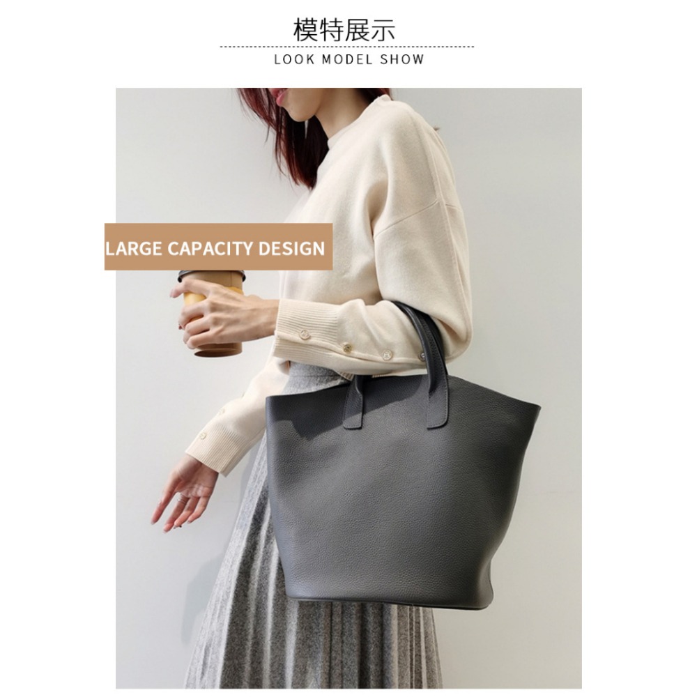 【生活好室】荔枝纹真皮托特包 托特包 側背包女 側背包 肩背包 真皮包包 高級感通勤包 水桶包 通勤包-細節圖6