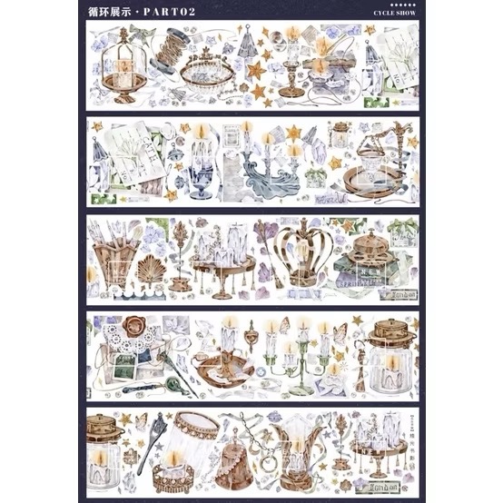 【分裝】NEW手帳工作室《燭光書影/紫意蔥蘢/毒菇求敗/大雞大利/梔子花開/落日集/玉潤珠/極光碎》PET膠帶-規格圖1