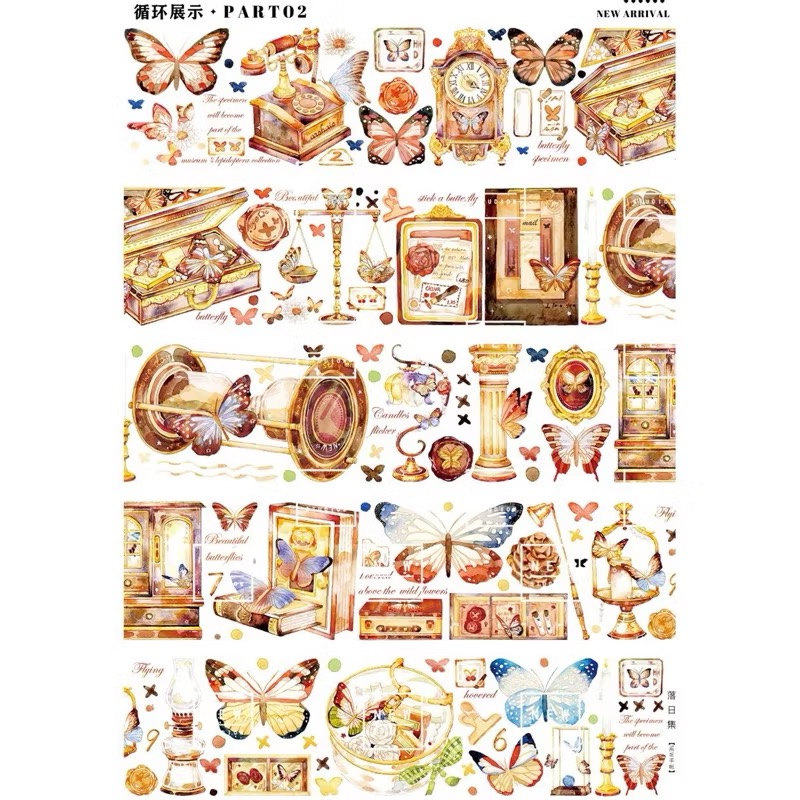 【分裝】NEW手帳工作室《燭光書影/紫意蔥蘢/毒菇求敗/大雞大利/梔子花開/落日集/玉潤珠/極光碎》PET膠帶-規格圖1