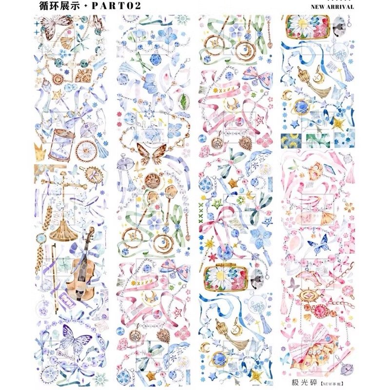 【分裝】NEW手帳工作室《燭光書影/紫意蔥蘢/毒菇求敗/大雞大利/梔子花開/落日集/玉潤珠/極光碎》PET膠帶-規格圖1