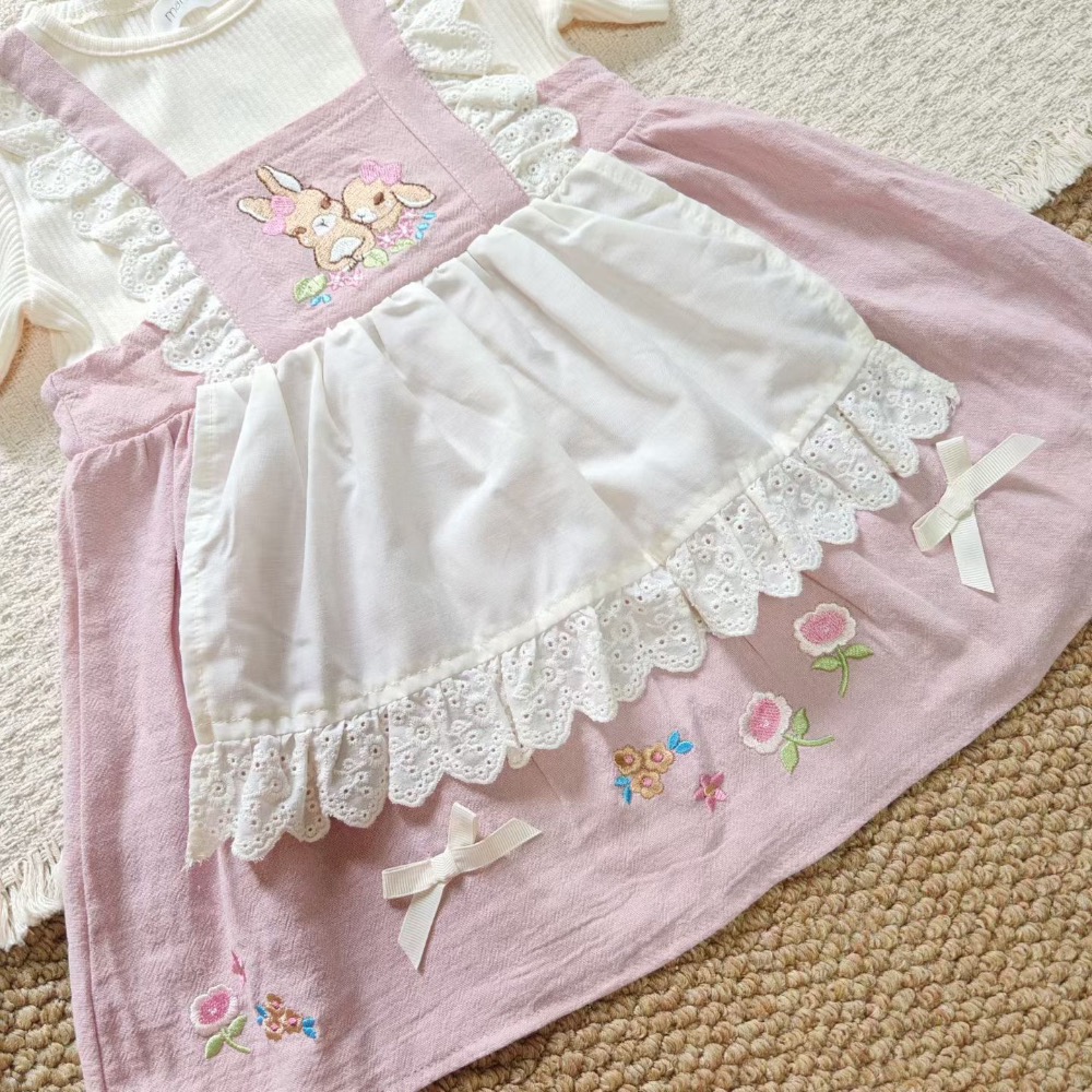 現貨✨日系甜美小兔子刺繡拼接蕾絲圍裙假兩件洋裝 寶寶洋裝 兒童洋裝  mamaraku 風格-細節圖7