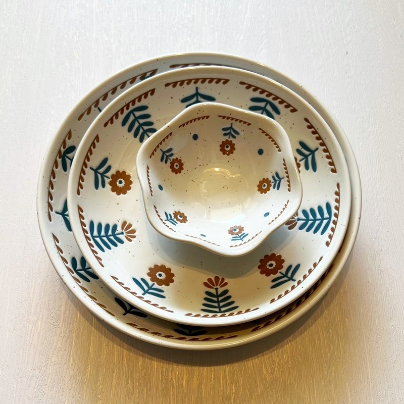 【幸沐商行】日式復古芝麻手繪小花陶瓷餐盤 盤子 意大利麵盤 水果沙拉餐盤 拍照碗盤 碗碟 7寸8寸深盤 小碟子 醬料碟子-細節圖3