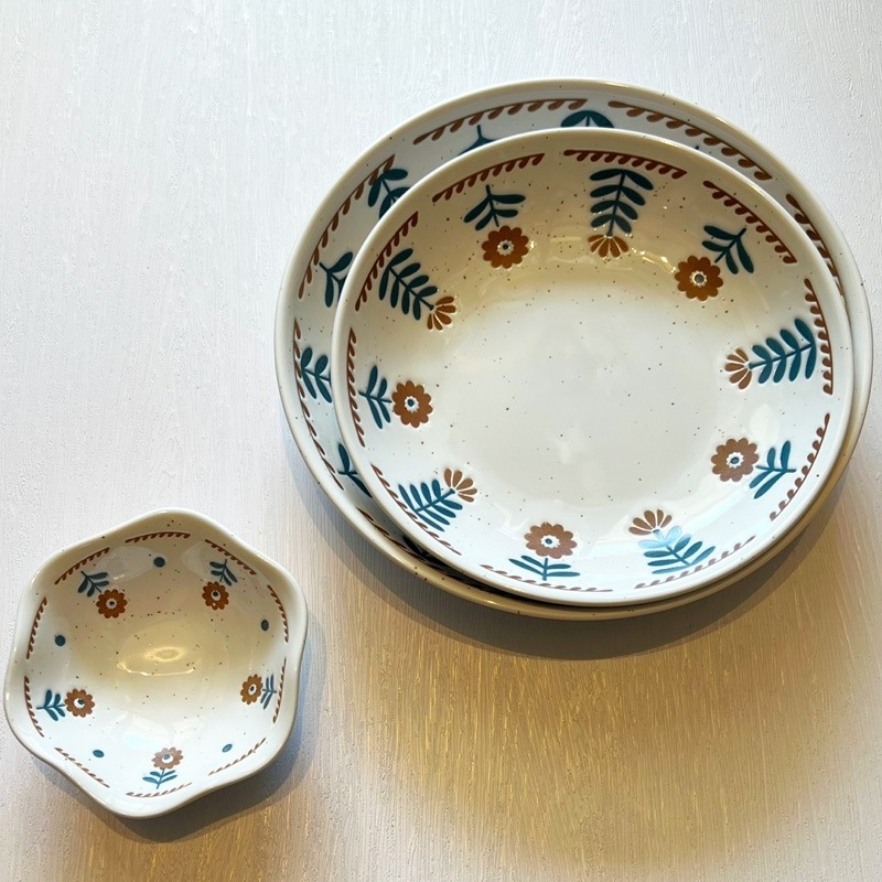 【幸沐商行】日式復古芝麻手繪小花陶瓷餐盤 盤子 意大利麵盤 水果沙拉餐盤 拍照碗盤 碗碟 7寸8寸深盤 小碟子 醬料碟子-細節圖4