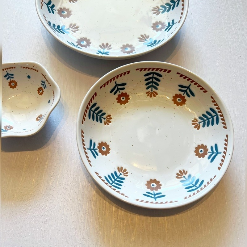 【幸沐商行】日式復古芝麻手繪小花陶瓷餐盤 盤子 意大利麵盤 水果沙拉餐盤 拍照碗盤 碗碟 7寸8寸深盤 小碟子 醬料碟子-細節圖5