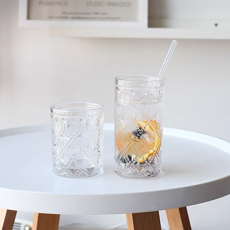 【幸沐商行】 2023新款復古浮雕菱形威士忌杯 飲料杯 果汁杯 酒吧杯 玻璃杯 酒杯 咖啡杯 咖啡杯 拍照道具 餐杯-細節圖2