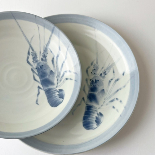 【幸沐商行】日本製藍染龍蝦餐盤 盤子 碗盤 陶瓷盤 湯盤 淺盤 加厚 圓盤 日本食器 8寸 10寸深盤 手繪龍蝦