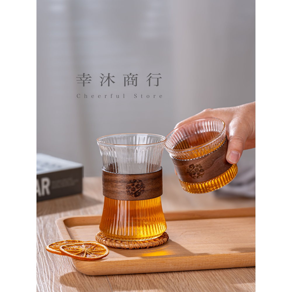 【幸沐商行】胡桃木玻璃茶杯 錘目紋 直條紋 泡茶杯 冷飲杯 套組 日式泡茶杯 玻璃木杯套裝 胡桃木套環-細節圖2