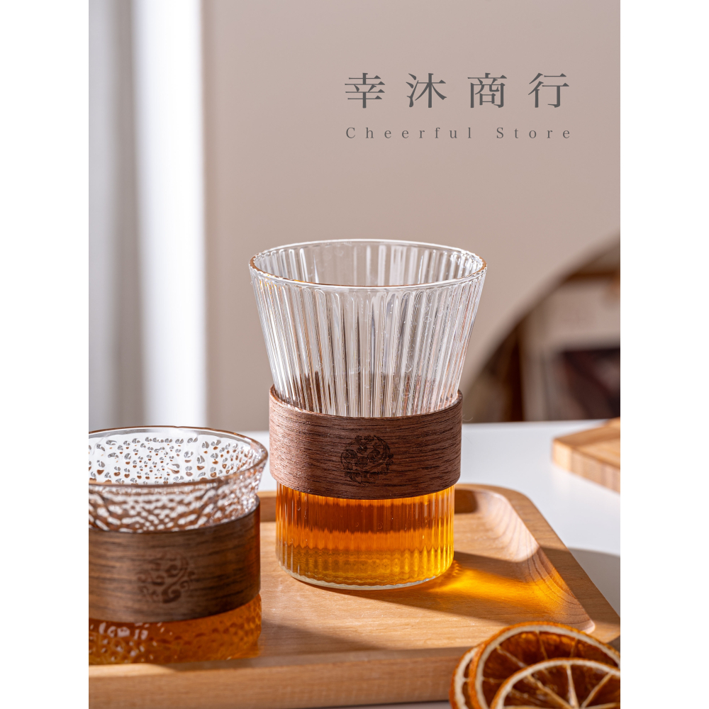 【幸沐商行】胡桃木玻璃茶杯 錘目紋 直條紋 泡茶杯 冷飲杯 套組 日式泡茶杯 玻璃木杯套裝 胡桃木套環-細節圖3