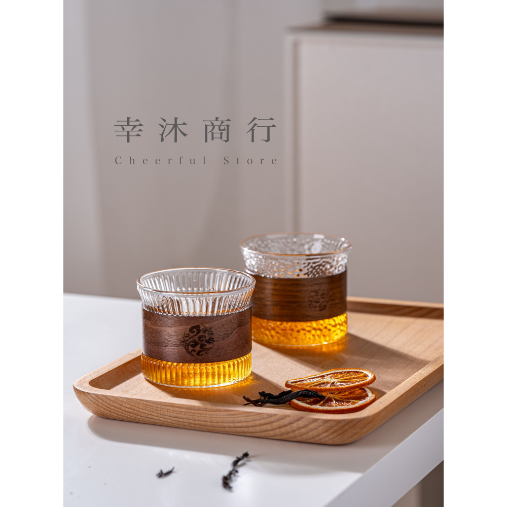 【幸沐商行】胡桃木玻璃茶杯 錘目紋 直條紋 泡茶杯 冷飲杯 套組 日式泡茶杯 玻璃木杯套裝 胡桃木套環-細節圖4