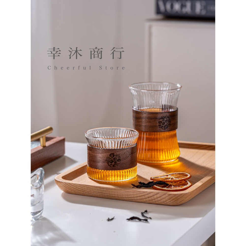 【幸沐商行】胡桃木玻璃茶杯 錘目紋 直條紋 泡茶杯 冷飲杯 套組 日式泡茶杯 玻璃木杯套裝 胡桃木套環-細節圖5
