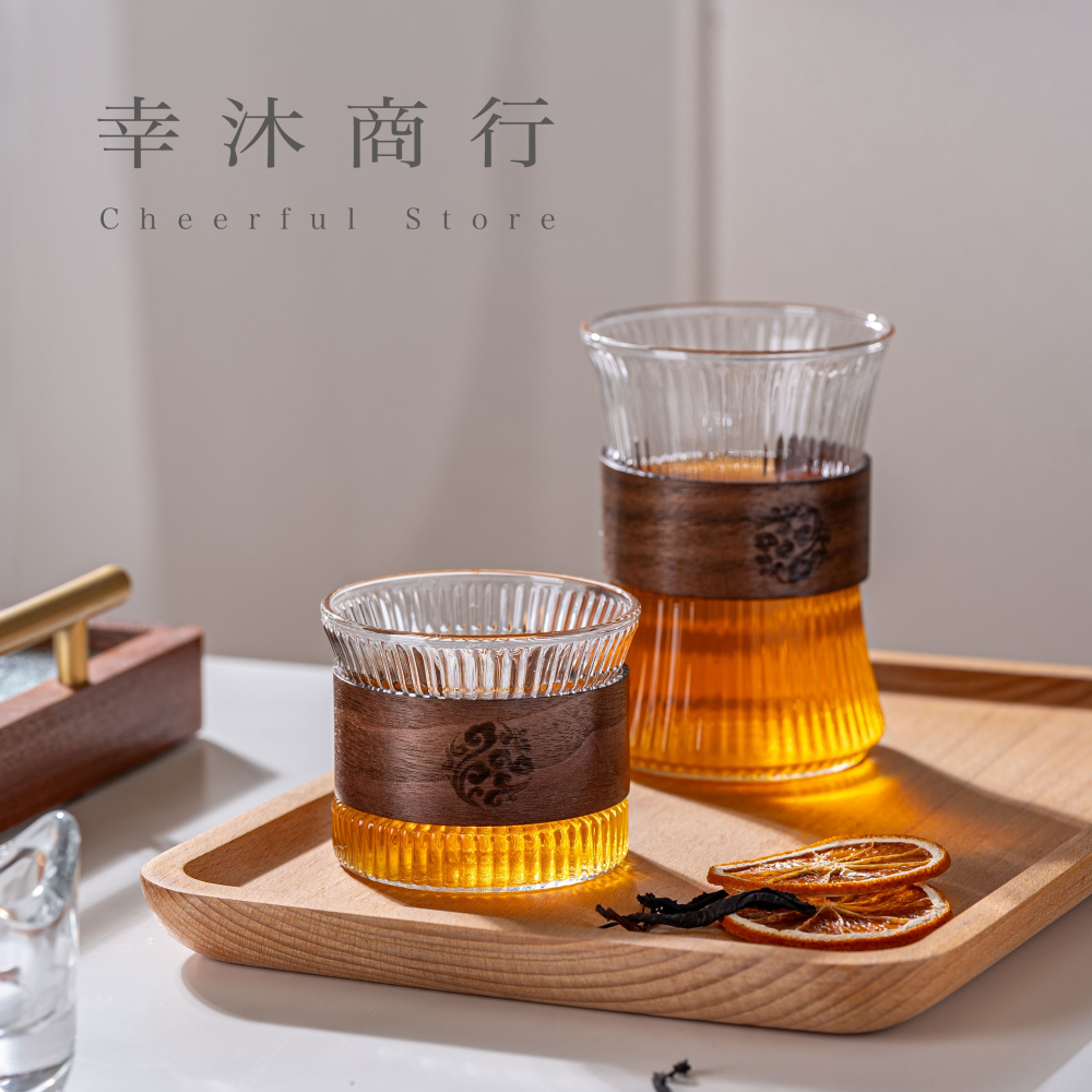 【幸沐商行】胡桃木玻璃茶杯 錘目紋 直條紋 泡茶杯 冷飲杯 套組 日式泡茶杯 玻璃木杯套裝 胡桃木套環-細節圖6